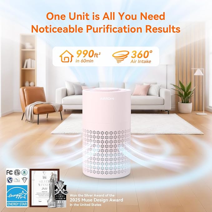 AIRROMI Air Purifier for Bedroom with HEPA 3-in-1 Filter, Pet Air Purifier for Home Cat Pee Smell, Covers Upto 990 Ft², Quiet 360° intake Air Cleaner for pet hair,allergies,Dust,Smoke A2001 Pink