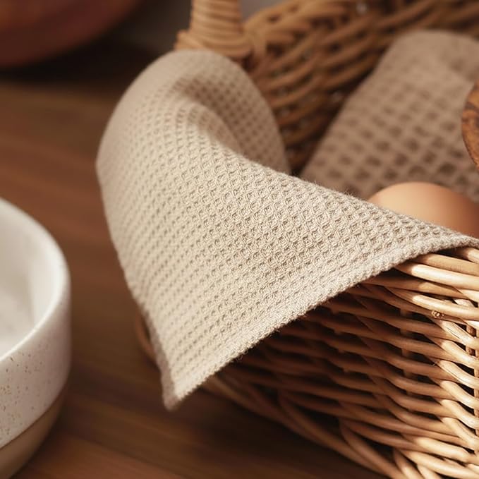 PurpleEssences Dish Cloths and Dish Rags - 6 Pack Waffle Weave Solid Kitchen Dish Wash Cloths, 100% Cotton, 12 x 12 Inches, Ultra Soft Absorbent Quick Drying - Christmas Holiday Winter - Beige