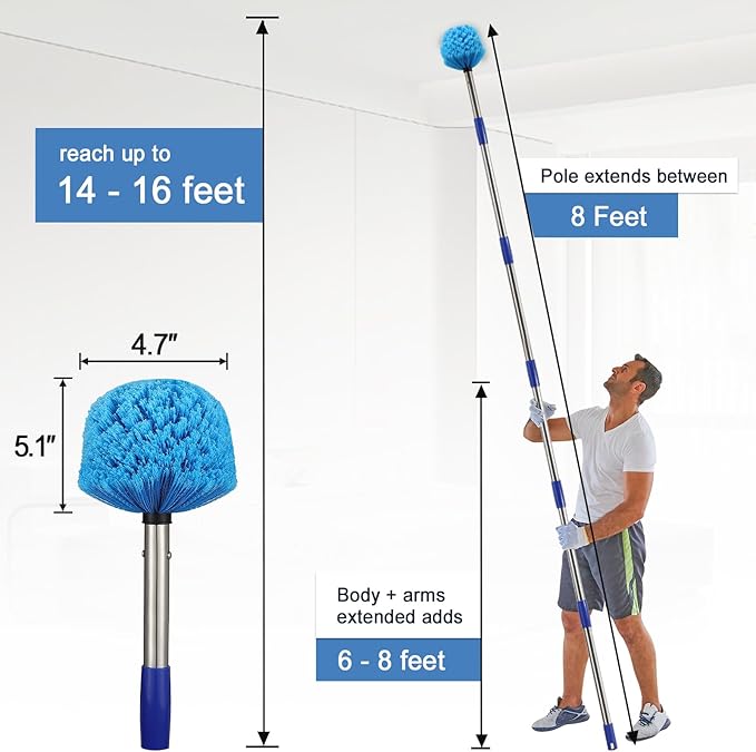 Cobweb Duster with Extension Pole, 8 FT Long Duster for High Ceilings, Walls, Medium Stiff Bristles Cobweb Brush with Lightweight Stainless Steel Pole for Outdoor Indoor Cleaning