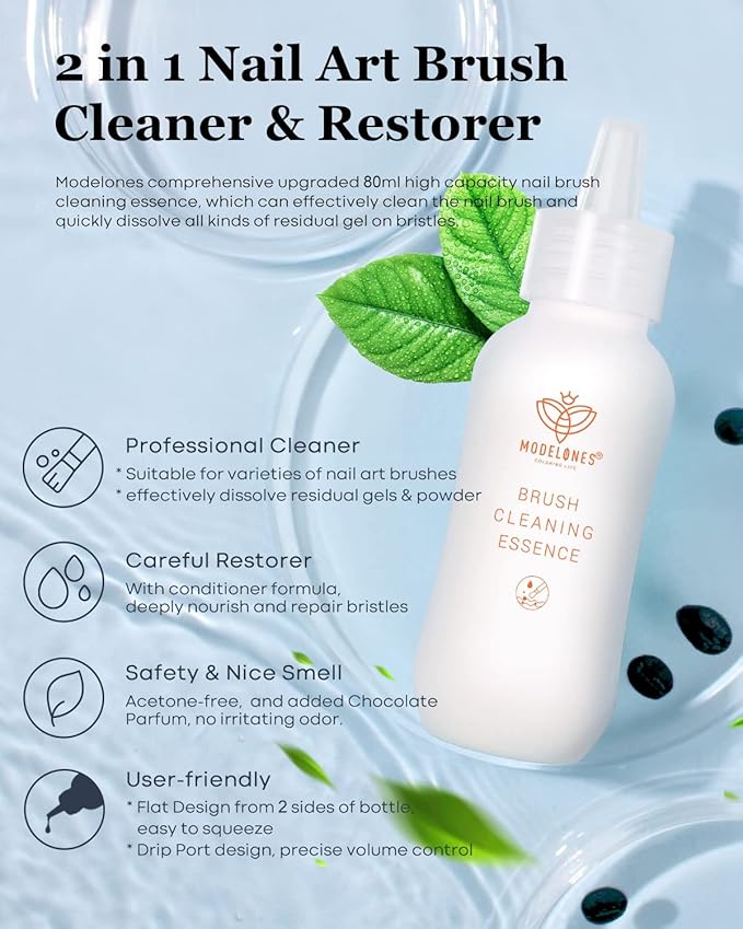 Modelones Nail Art Brush Cleaner & Restorer 80ml/2.71 Fl.Oz for Gel Polish/Nail Extension Gel/Nail Art Liner/Dip Powder/Acrylic Builder Manicure Brush DIY Salon at Home