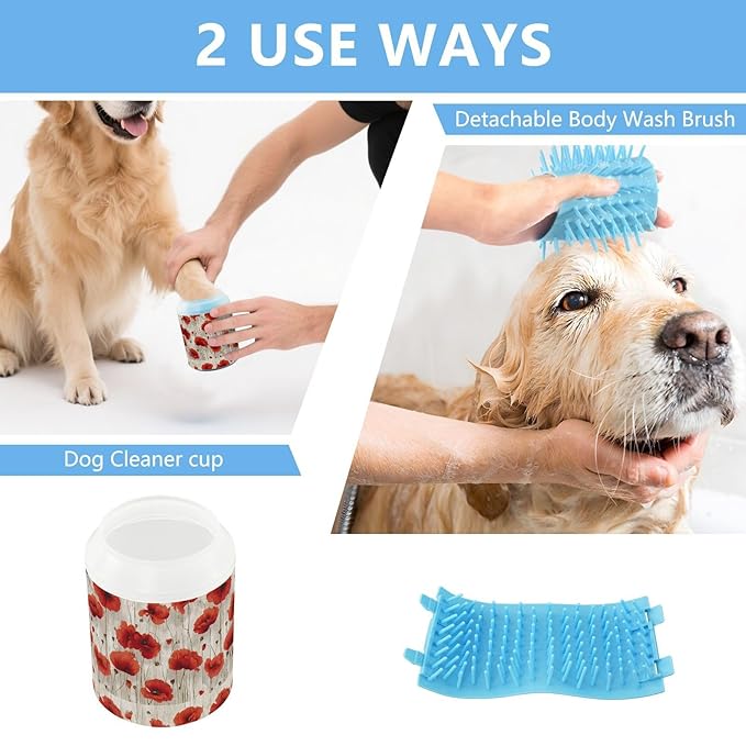 Dog Paw Cleaner Cups for Dogs Pets Foot Washer Paw Scrubber for Medium Small Cats Dogs Cute Cleaning Cup Rustic Red Poppy Flowers