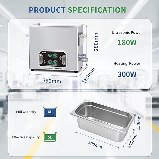 DK SONIC Professional Ultrasonic Cleaner 6L, 180W Heavy-Duty Sonic Cleaner with Timer,Heater&Touch Control, Multi-Application for Motorcycle Engines, Carburetors, Chains (Include Basket)