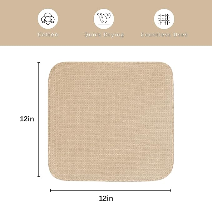 PurpleEssences Dish Cloths and Dish Rags - 6 Pack Waffle Weave Solid Kitchen Dish Wash Cloths, 100% Cotton, 12 x 12 Inches, Ultra Soft Absorbent Quick Drying - Christmas Holiday Winter - Beige
