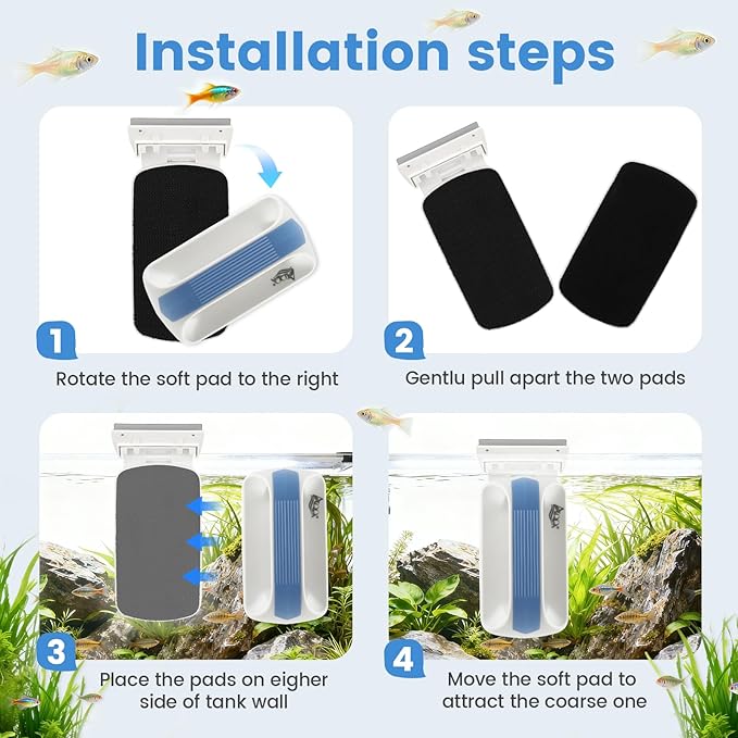 AQQA Aquarium Magetic Glass Cleaner Brush with 2 Detachable Scrapers Floating Fish Tank Cleaning Tools Algae Scraper for 0.45-0.66 inch Thick Glass/Acrylic Tanks (X-Large)