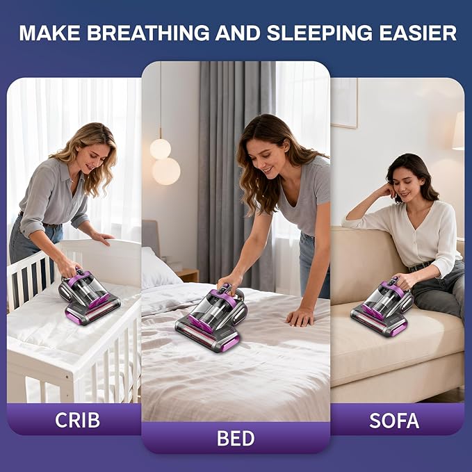 Cordless Mattress Vacuum Cleaner, 16kpa Bed Vacuum Cleaner with 253.7nm Uv-C Light & Ultrasonic Tech Dual Bins for Dust & Widen Suction Port 120w for Bed Sofa & Pet Hair(Purple)