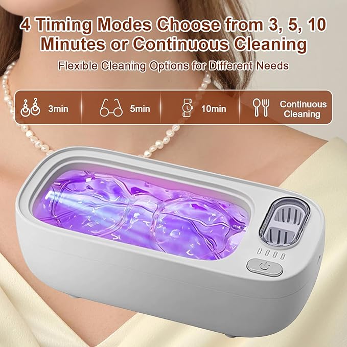 Ultrasonic Jewelry Cleaner,49KHz Professional Ultrasonic Cleaner for Eyeglasses,4 Modes Digital Timer,2 storehouse Ultrasonic jewelry cleaner for Glasses, Retainer, Watch Strap,Dentures