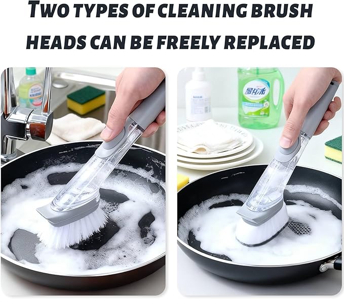 Dish Brush,Dish Scrubber with Soap Dispenser,Dish Wand,Kitchen Brushes for Dishes,Includes Three Brush Heads