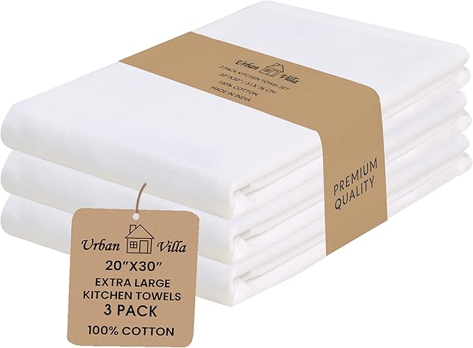 Urban Villa Kitchen Towels 100% Cotton Dish Towels for Kitchen(Set of 3)20”x30” Dish Cloths Highly Absorbent Kitchen Linen Set with Hanging Loop Perfect for Drying Dishes Cleaning Hand Towels – White