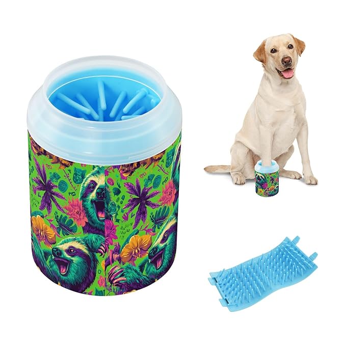 Dog Paw Cleaner Cups for Dogs Pet Foot Washer Paw Scrubber for Medium Small Large Dogs Cats Cleaning Cup Green Sloths Flowers Tropical Plants
