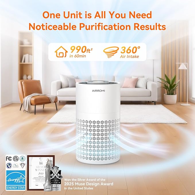 AIRROMI Air Purifier for Bedroom with HEPA 3-in-1 Filter, Pet Air Purifier for Home Cat Pee Smell, Covers Upto 990 Ft², Quiet 360° intake Air Cleaner for pet hair,allergies,Dust,Smoke A2001 White