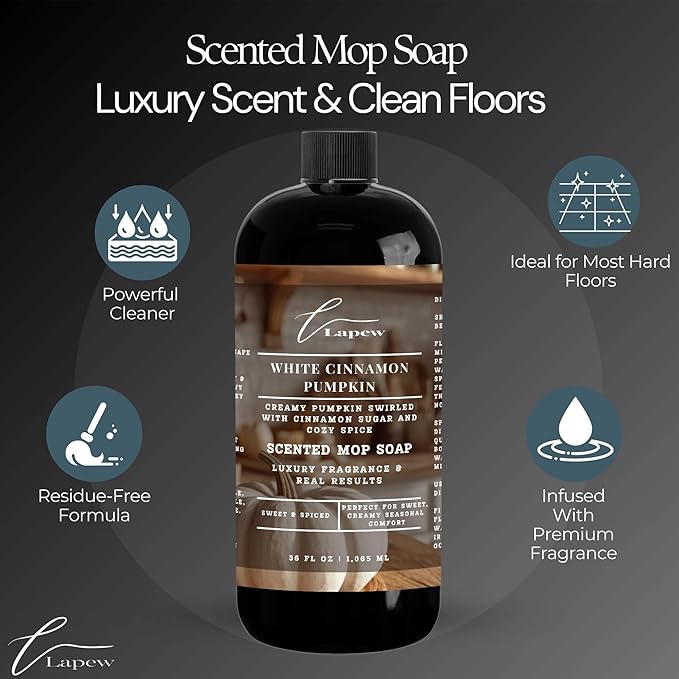 Luxury Floor Cleaner, Scented Mop Soap Concentrate | Hard Floor Cleaner for Tile, Vinyl, Laminate, LVP & Sealed Hardwood | Low-Foam, Streak-Free | 36 oz | White Cinnamon Pumpkin