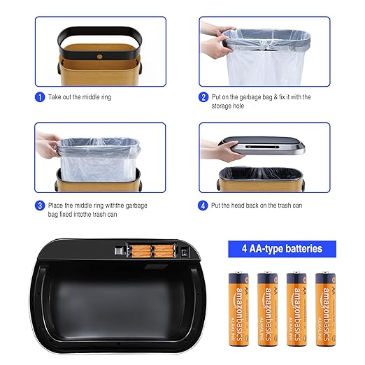 pouseayar Wood Color 13 Gallon 50L Smart Automatic Trash Cans, Stainless-Steel Thickened Body with Super Mute Sensor Lid and 30 Count Garbage Bags for Kitchen Office Bedroom Waste Bin and More
