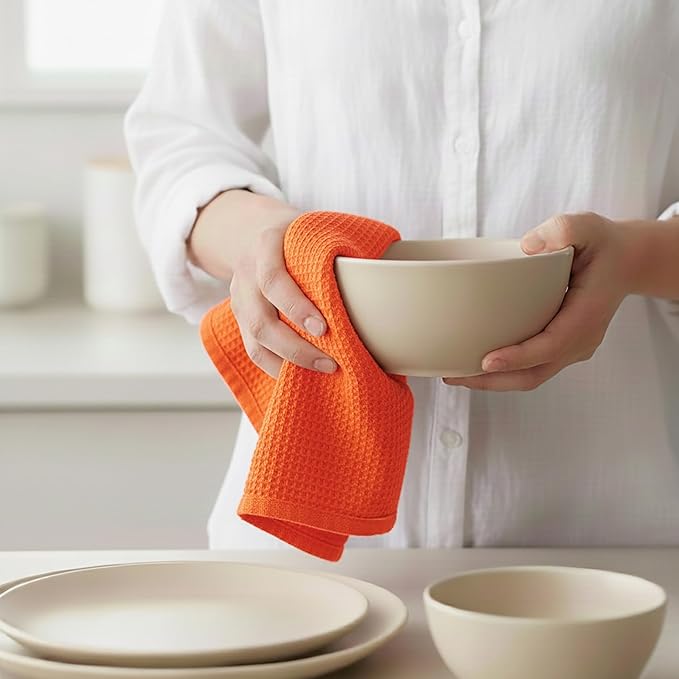 PurpleEssences Waffle Weave Kitchen Towel, 100% Cotton - 15x25 Inches, with Hanging Loop Ultra Soft Absorbent Quick Drying Dish Cloth, Tea and Hand Towels, 6 Pack - Christmas Holiday Winter - Orange