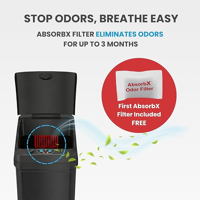 iTouchless 13 Gallon Kitchen Trash Can with Odor Filter, Automatic Motion Sensor Bin, Soft-Close Stainless Steel, Slim Wastebasket for Narrow Spaces, Matte Black