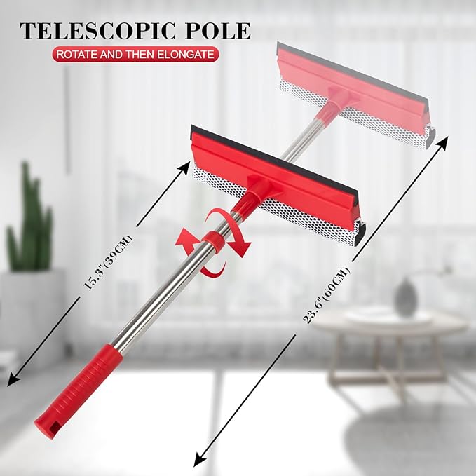 Window Squeegee with 15.7"-27.5" Retractable Stainless Steel Handle, 2-in-1 Windshield Cleaner Tool for Cars, Trucks, Glass Doors, Shower Glass, Outdoor Windows – Window Cleaner (Red)
