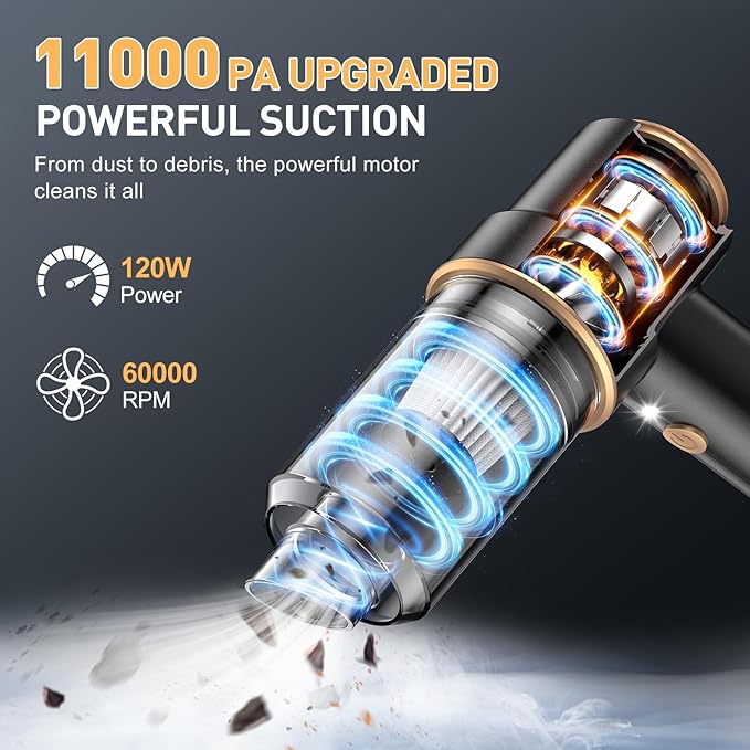 KMM Handheld Car Vacuum Cleaner, 11000PA Vacuum Cleaner & Air Duster, 120W High Power Vacuum Portable Cordless, Hand Held Vacuum Rechargeable with Multi-Nozzles & LED Light for Home, Car, Office