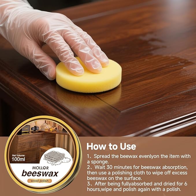 Non-Toxic Wood Wax for Furniture - 100% Natural Chalk Paint Wax for Sealing & Protecting Painted and Raw Wood Surfaces, Wooden Floors & More - Clear Protective Finish, 3.5 Oz (Includes Tools)