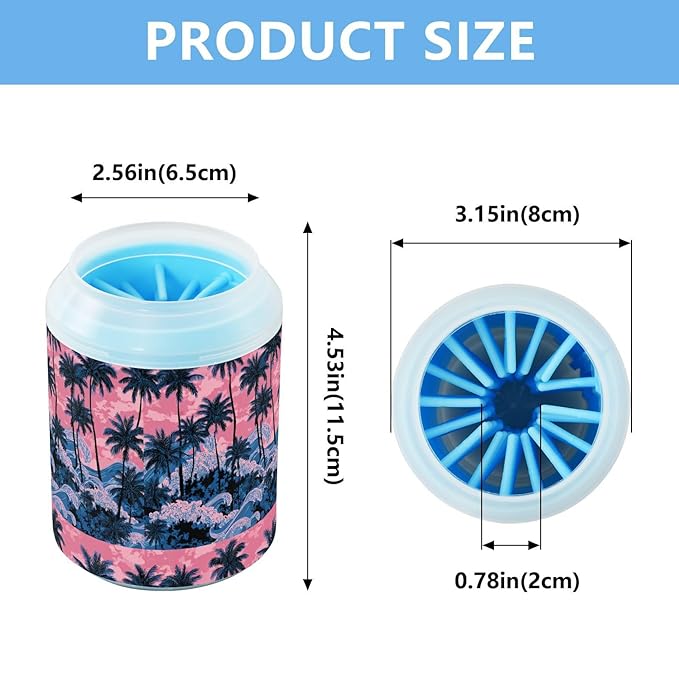 Dog Paw Cleaner Cups for Dogs Pets Foot Washer Paw Scrubber for Medium Small Cats Dogs Cute Cleaning Cup Palm Tree Wave Pink