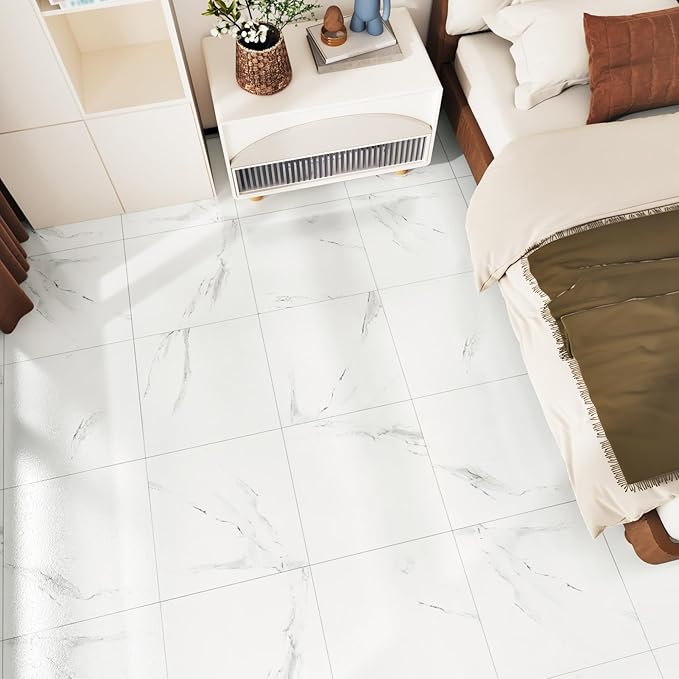 White Peel and Stick Floor Tile Waterproof Marble Vinyl Flooring Self Adhesive Ceramic Stick on Floor Tiles 12"X12" Laminate Flooring for Bathroom Garage Kitchen Basement Office Vinyl Plank