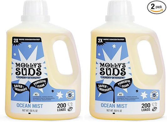 Molly's Suds Liquid Laundry Detergent | Clean Laundry Detergent Soap for Sensitive Skin | 2x Concentrated, High Efficiency (HE) (Ocean Mist - 200 Loads) (Pack of 2)