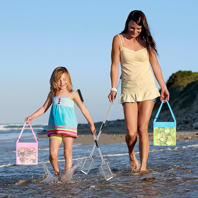 POILKMNI New Upgraded 2 Pcs Shark Tooth Sifter with Seashell Bags, Beach Sand Sifter, Sand Scoop Shell Scooper for Beach Scoop Shovel Sifter Tool for Picking Up Shells, Shark Tooth Sifter Dipper