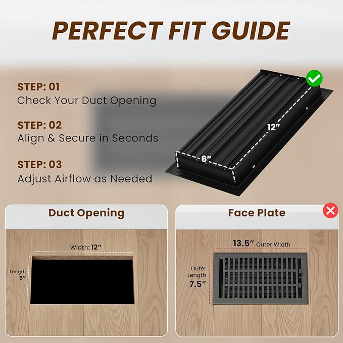 Empire Register Co, Vent Cover - 6x12 inch, Modern Contemporary Design, Textured Black Finish, Heavy Duty Floor Vent Covers, Metal Damper Attached Vent Covers for Home Floor only
