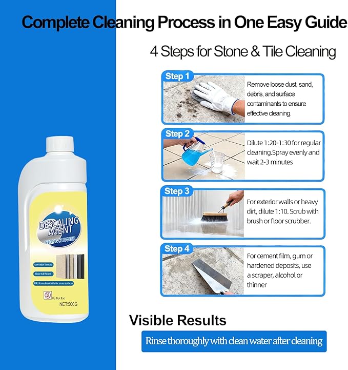 Stone Cleaner & Descaler – Removes Rust, Hard Water Scale, Dirt Buildup & Residue – Safe for Marble, Granite, Porcelain Tile & Concrete – Home, Garden, Office & Exterior Surface Cleaning-1PCS