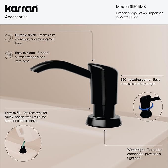 Karran SD45 Kitchen Soap Dispenser, Built-in Countertop Soap/Lotion Pump with 47" Extension Tube for Large Bottles, Dual Refill System, Commercial-Grade Durability Matte Black