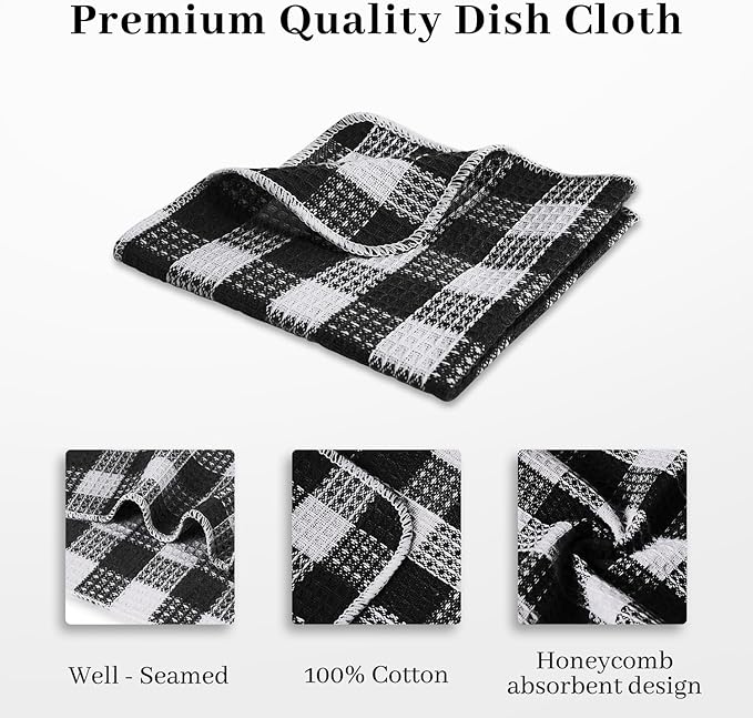 Blue Needles Waffle Weave Check Plaid Dish Cloths, 12x12 Inches 100% Cotton Set of 8 Dish Towels for Kitchen, Ultra Soft & Absorbent Kitchen Towels for Quick Drying Spring Summer - Black & White