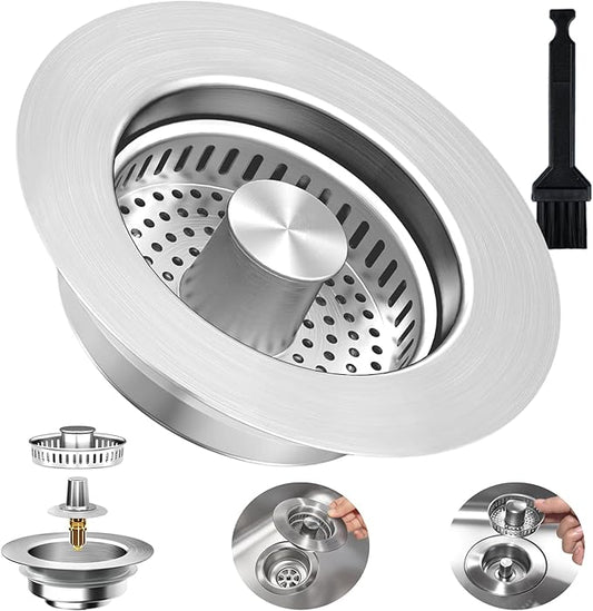 3-in-1 Kitchen Sink Drain Strainer Stopper, Upgraded Stainless Steel Sink Plug with Anti-Clog Filter Basket, Fits Standard 3-1/2 Inch Drain Hole, Pop Up Garbage Disposal Cover Food Catcher