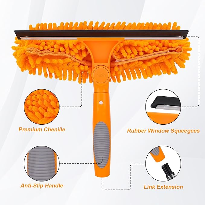 Window Squeegee Cleaner Tool with Extension Pole: 2-in-1 Window Cleaning Kit - 86.6 Inch Telescopic Long Window Cleaning Tool for High Windows Glass with 2 Microfiber Cloth & Squeegee Blade