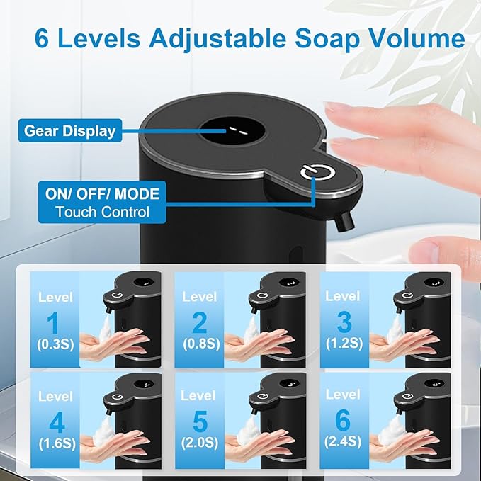 Automatic Foaming Soap Dispenser Touchless, USB Rechargeable Smart Hand Soap Dispenser, 6-Level Adjustable, 12.8oz/380mL, Compatible with Thick Thin Dish Soap for Bathroom Kitchen-Black