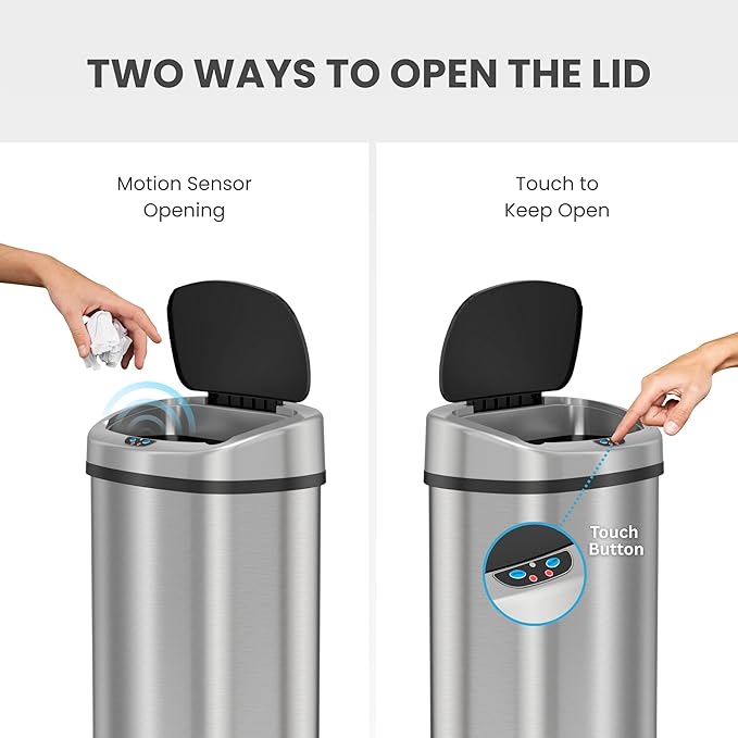 iTouchless SensorCan 50 Liter / 13 Gallon Kitchen Trash Can with Wheels & Odor Filter – Mobile Motion Sensor Stainless Steel Garbage Bin for Home, Office, Garage, Slim Oval Shape Large Capacity Design