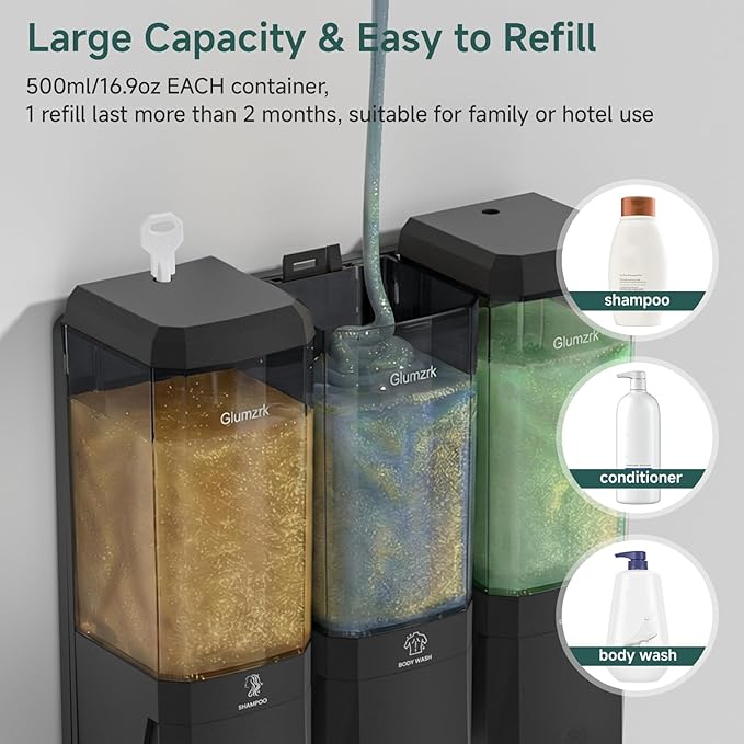 Shampoo and Conditioner Dispenser 3 Chamber No Drill Shower Soap Dispenser Wall Mounted Shampoo Conditioner Body Wash Refillable Bathroom Shower Dispenser (Black+Smoke Gray 3 Chamber)