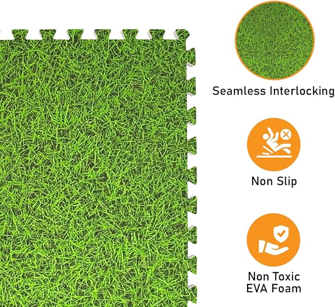 HomeCube USA 3/8 Inch Thick Interlocking Grass Design Foam Floor Tiles for Home, Office, Workout Equipment Space Commercial Areas Anti-Fatigue Flooring Padding 24x24 in, Green Grass, 96 Sq Ft-24 Tiles