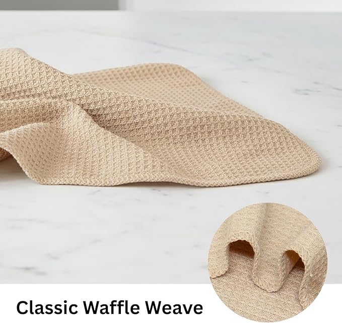 PurpleEssences Dish Cloths and Dish Rags - 8 Pack Waffle Weave Solid Kitchen Dish Wash Cloths, 100% Cotton, 12 x 12 Inches, Ultra Soft Absorbent Quick Drying - Christmas Holiday Winter - Beige
