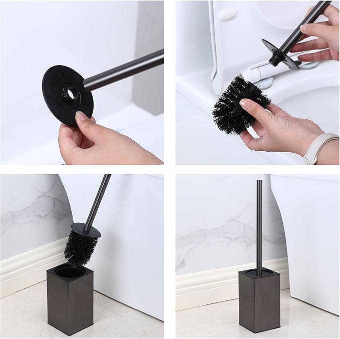 Toilet Brush and Holder, Stainless Steel Square Toilet Bowl Brush Freestanding with Lid,Toilet Cleaner Brush Set for Bathroom Storage,Black