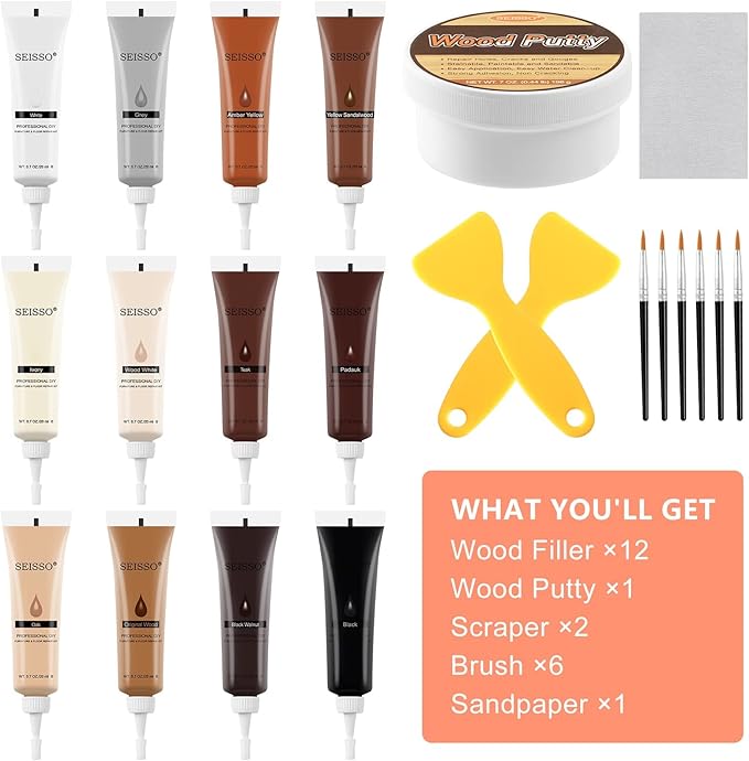 SEISSO Wood Furniture Repair Kit, 12 Colors Wood Repair fillers with Wood Putty. Used for Stains, Scratch, Wood Floors, Stains, Tables, Desks, and Cover Ups