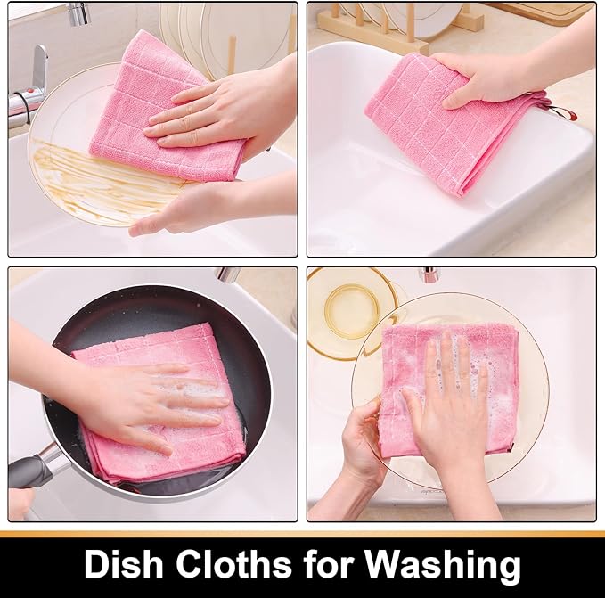 Mordimy 100% Cotton Terrycloth Kitchen Towels and Dishcloths Sets, Soft and Absorbent Checkered Dish Towels, Quick Drying Dish Rags for Washing Dishes, 4 Pack 16" x 26" & 4 Pack 12" x 12", Pink