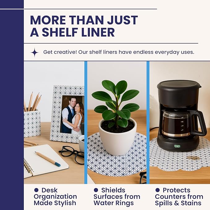 Self Adhesive Shelf Liner (2-Pack, 10.75in x 6ft) — Absorbent Felt Cabinet Liner for Shelves & Kitchen Drawers, Soft Glide Surface with Adjustable, Residue-Free Adhesive (Midnight Grid)