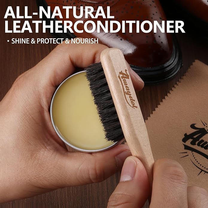 10 PCS Leather Care Kit - Horsehair Brushes,Saddle Soap,Waterproofing Wax,Mink Oil Conditioner,Polishing Cloth,Microfiber cloth,Boot Shoe Shine Cleaning Kit Gift for Men Cowboy Husband Dad ﻿