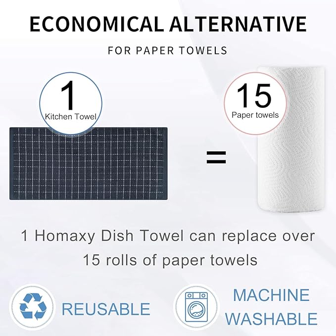 Homaxy 100% Cotton Terry Kitchen Towels(Dark Grey, 13 x 28 inches), Checkered Designed, Soft and Super Absorbent Dish Towels, 12 Pack