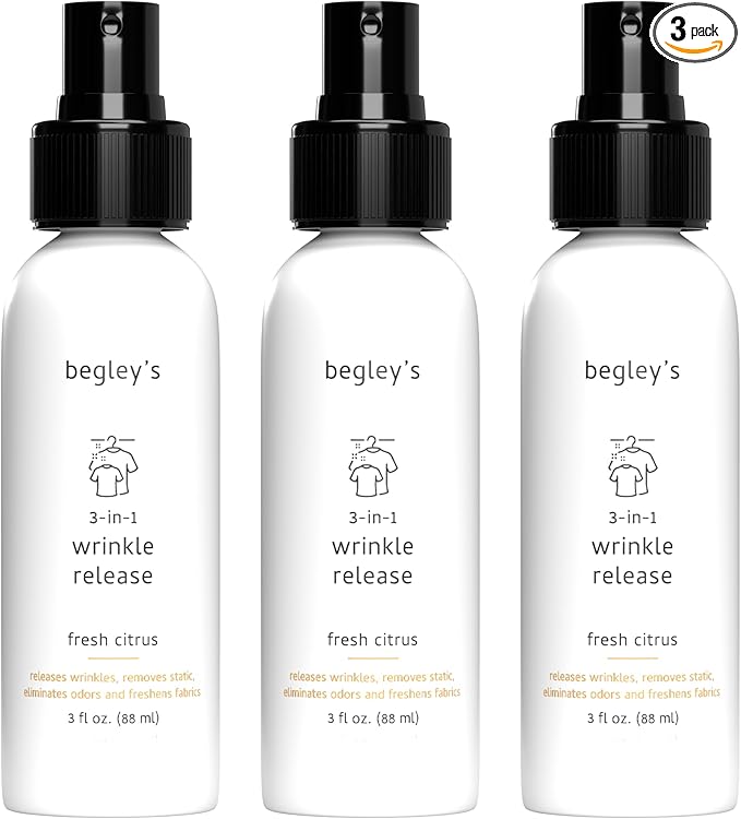 Begley's 3-in-1 Wrinkle Remover, Quick Fix Wrinkle Release, Static Cling Remover, Odor Eliminator and Fabric Refresher Spray - USDA Certified Biobased - Citrus, 3 oz Travel Size