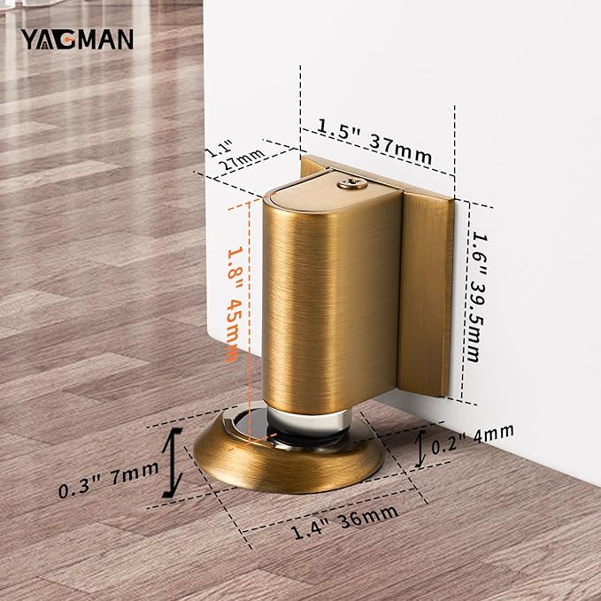 Magnetic Door Stopper, Magnet Floor Door Stop Retractable, Door Magnetic Catch, Door Holder to Keep Door Open, No Drilling Mount with Adhesive, Antique Brass 1 Pack AB-1