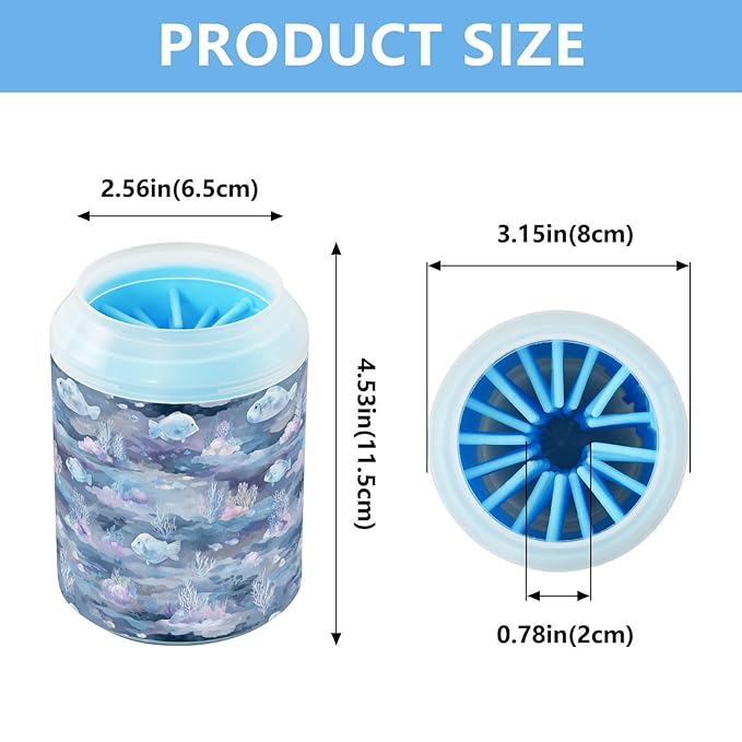 Dog Paw Cleaner Cups for Dogs Pets Foot Washer Paw Scrubber for Medium Small Cats Dogs Cute Cleaning Cup Darkblue Fish Coral Seaweed