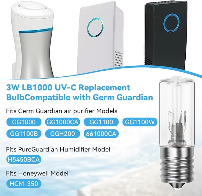 3W LB1000 UV-C Replacement Bulb for Germ Guardian GG1000, GG1000CA, GG1100, GG1100B, GG1100W, LB-1000, GGH200, 661000CA Air Purifier UV Light Replacement, 2 Pack