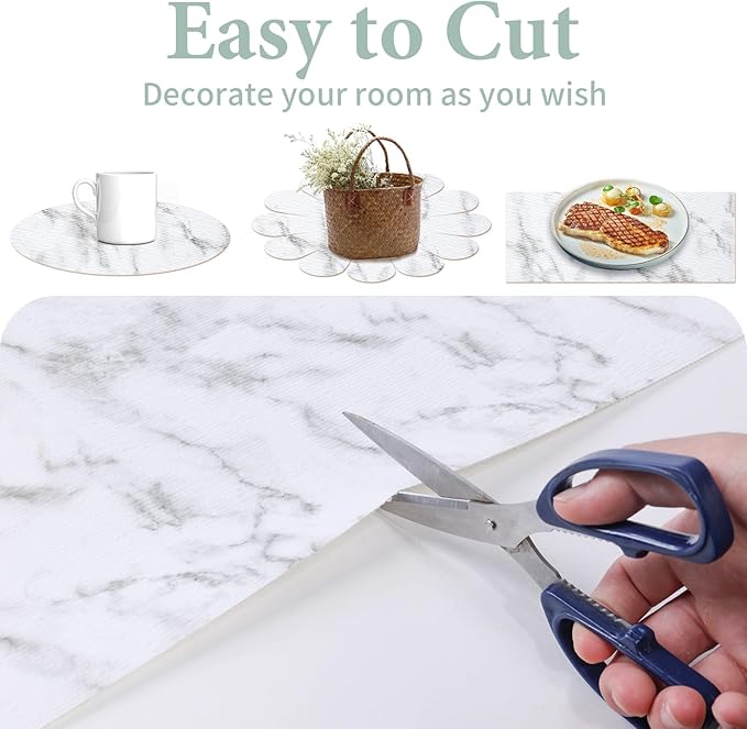 Drawer and Shelf Liner for Kitchen Cabinet: 17 in X 30 Ft Non Slip Waterproof Shelf Paper Non Adhesive Refrigerator Liners White Marble Easy Liners for Bathroom with Knife Tape Measure
