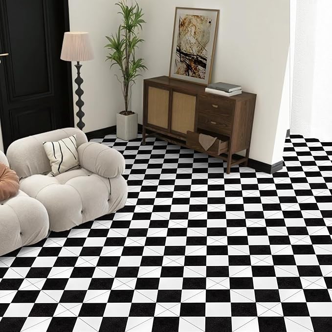 Elffloor Peel and Stick Floor Tile: 20pc 11.8 * 11.8in Self-Adhesive Waterproof Vinyl Flooring Black and White Tiles Sticker for Bathroom, Kitchen, Bedroom, Living Room