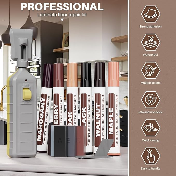 Vinyl Laminate Hardwood Floor Repair Kit -6 Colors Floor Wax Wood Furniture Touch Up Marker Restore Any Scratches, Stains, Cracks, Hole for Floor, Door, Cabinet