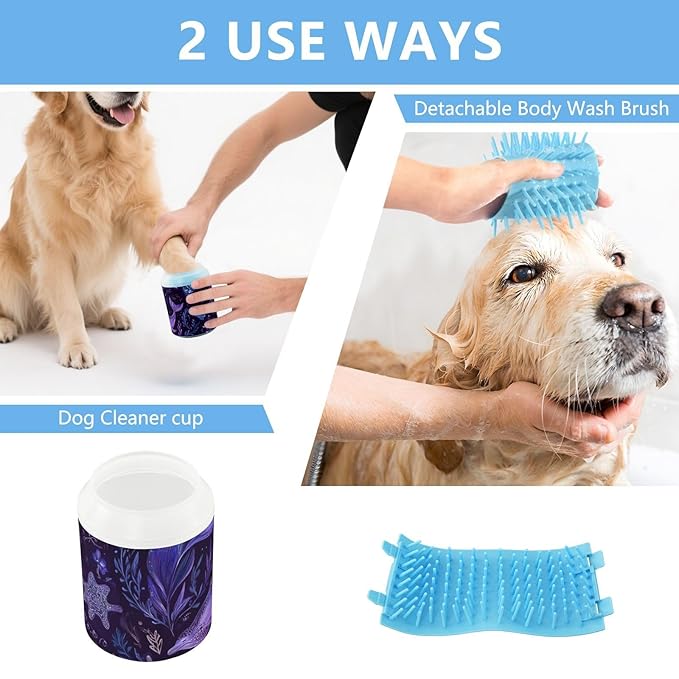 Dog Paw Cleaner Cups for Dogs Pets Foot Washer Paw Scrubber for Medium Small Dogs Cats Cleaning Cup Dark Purple Dolphins Sea Plants